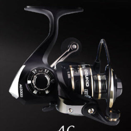 Fishing reel with 'Crazy' branding on a black background