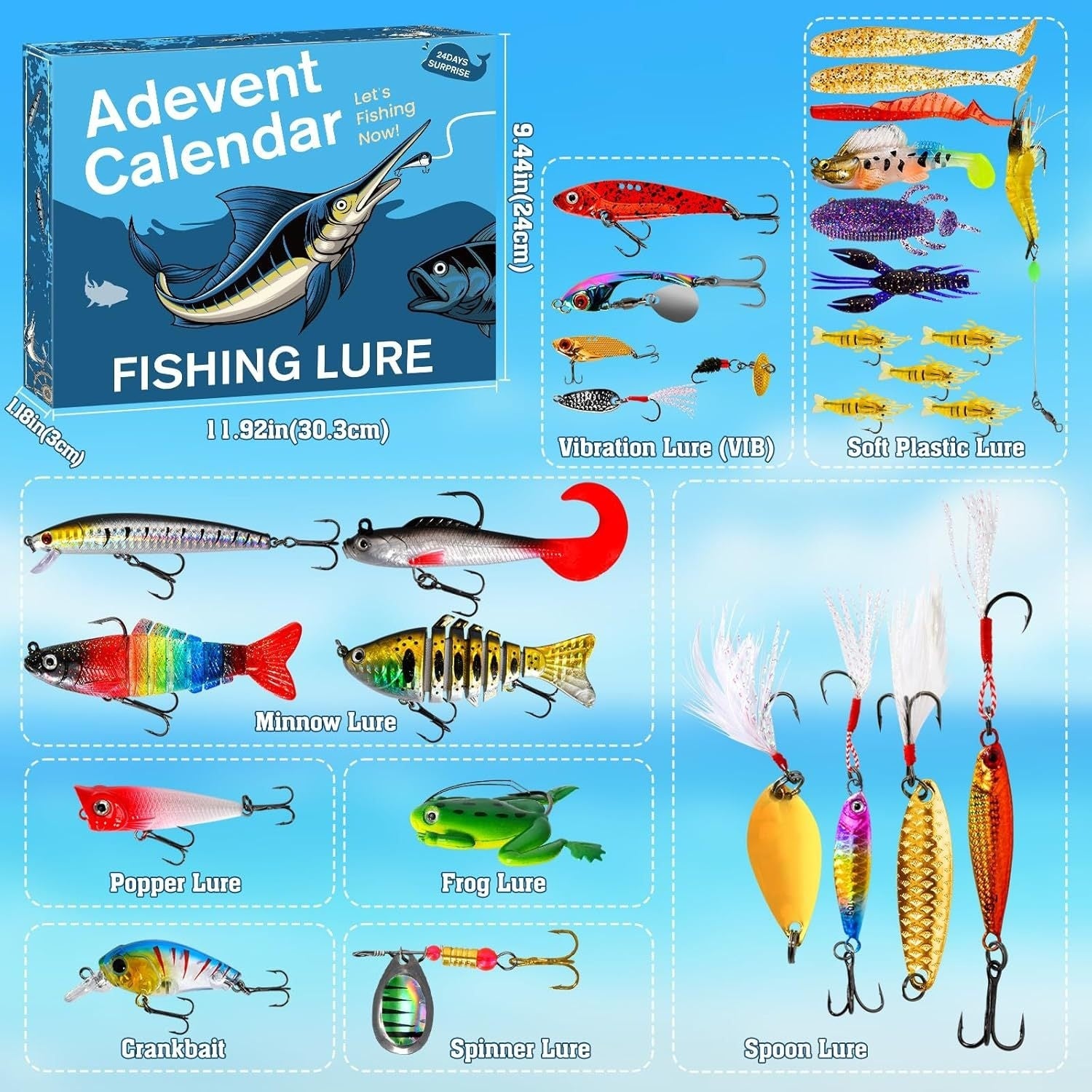 Fishing lure advent calendar with various types of lures displayed on a blue background.