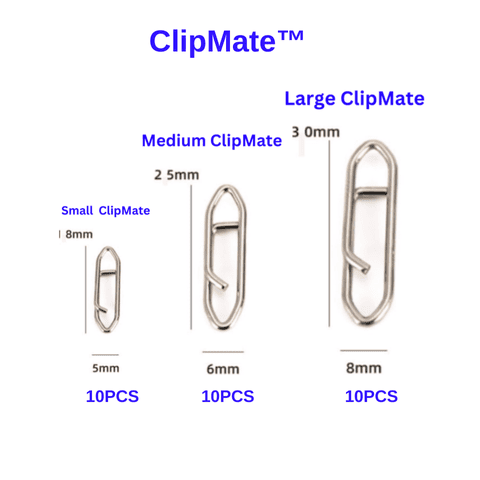 Three sizes of ClipMate clips with measurements and quantity labels on a white background.