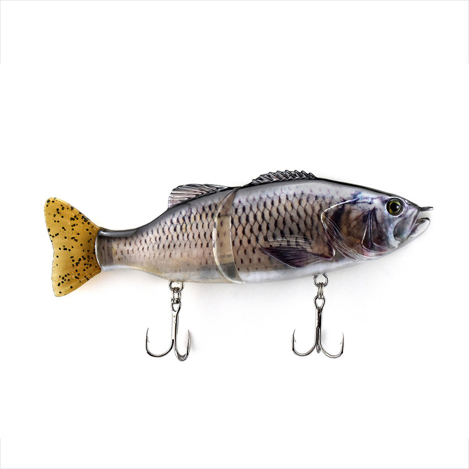 Fishing lure shaped like a fish with three hooks on a white background