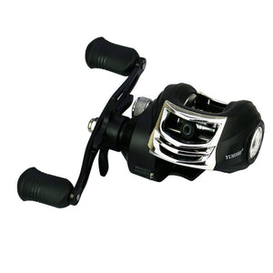 Fishing reel with black and silver design on a white background