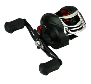 Fishing reel with black and red design on a white background
