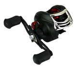 Fishing reel with black and silver design on a white background