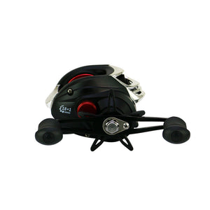 Fishing reel with black and silver design on a white background
