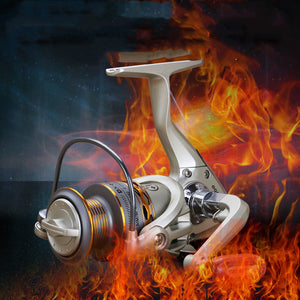 Fishing reel with metallic finish on a white background