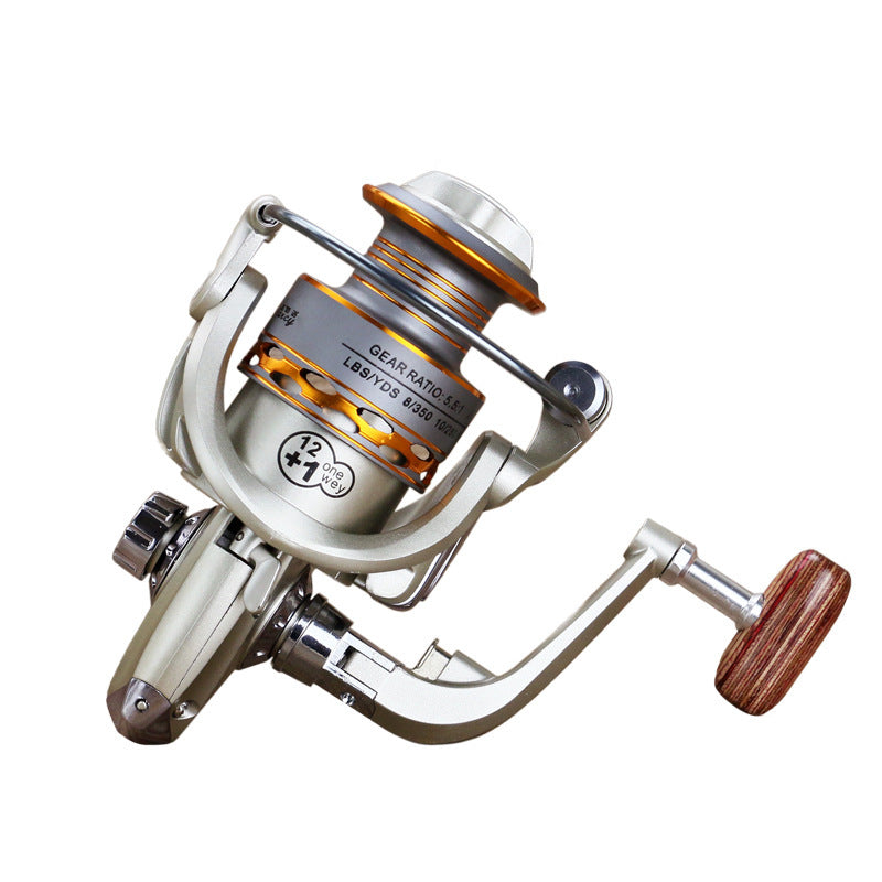 Fishing reel with metallic and wooden components on a white background