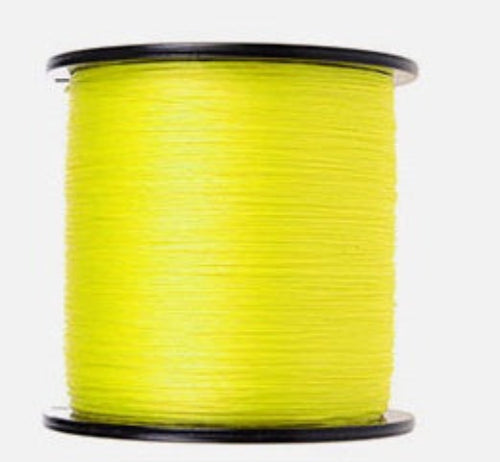 Spool of yellow thread on a white background