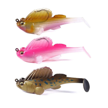 Three fishing lures in different colors on a white background