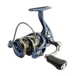 Fishing reel with metallic finish on a white background