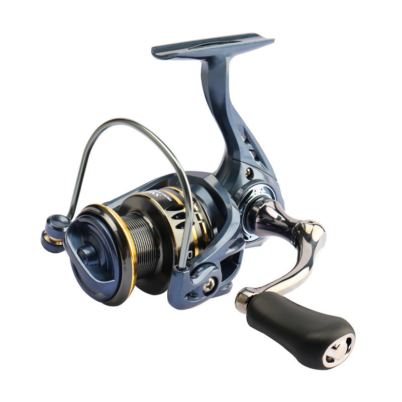 Fishing reel with metallic and black components on a white background