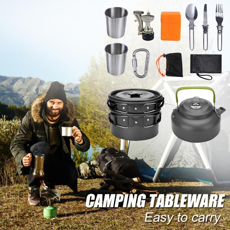 Camping tableware set with a man outdoors, including cups, pots, and utensils.