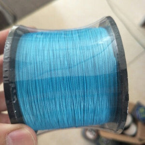 Spool of blue thread held by a hand on a blurred background