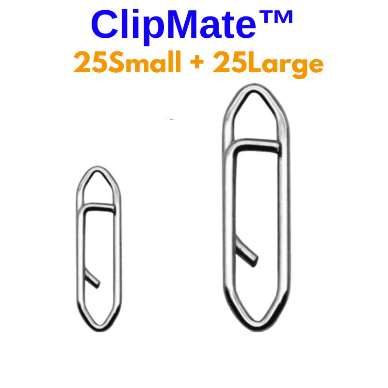 Two metallic paper clips, one small and one large, with 'ClipMate' branding above them on a white background.