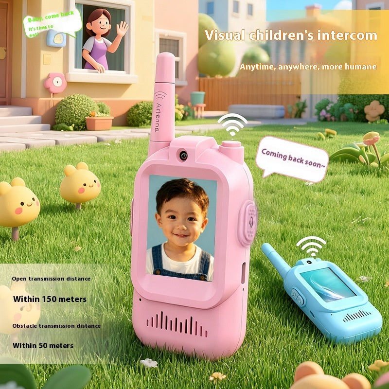 Children's intercom toys on grass with a house in the background
