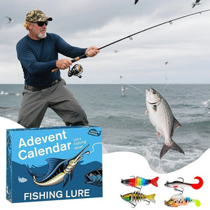 Assorted fishing lures and a fishing-themed Advent calendar on a white background