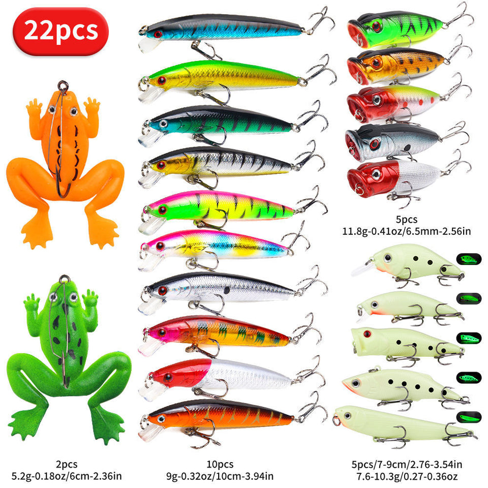 Assorted fishing lures including frogs and various colors on a white background