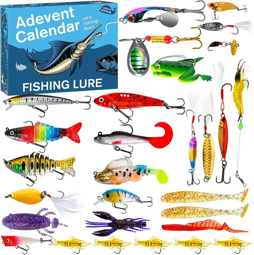 Fishing lure Advent calendar with various colorful fishing lures displayed in front of it.