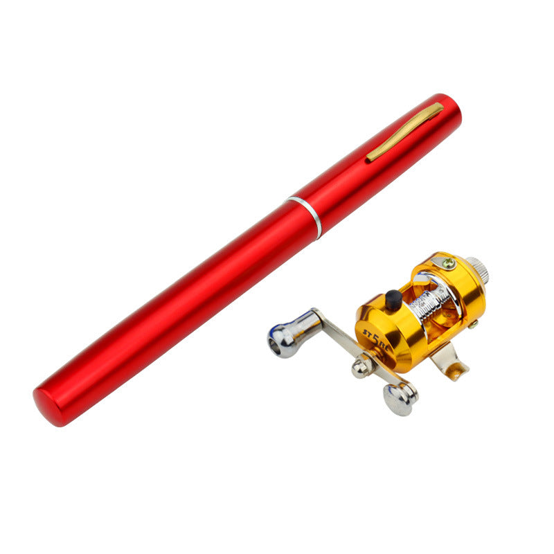 Red fishing rod handle with a yellow and silver fishing reel on a white background