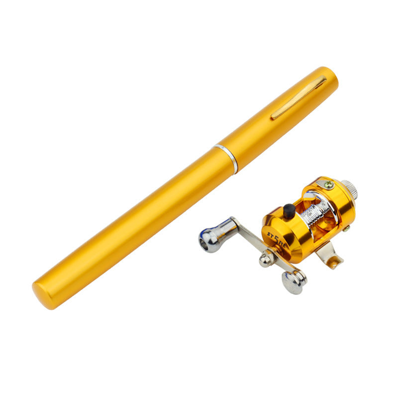 Gold fishing rod and reel set on a white background