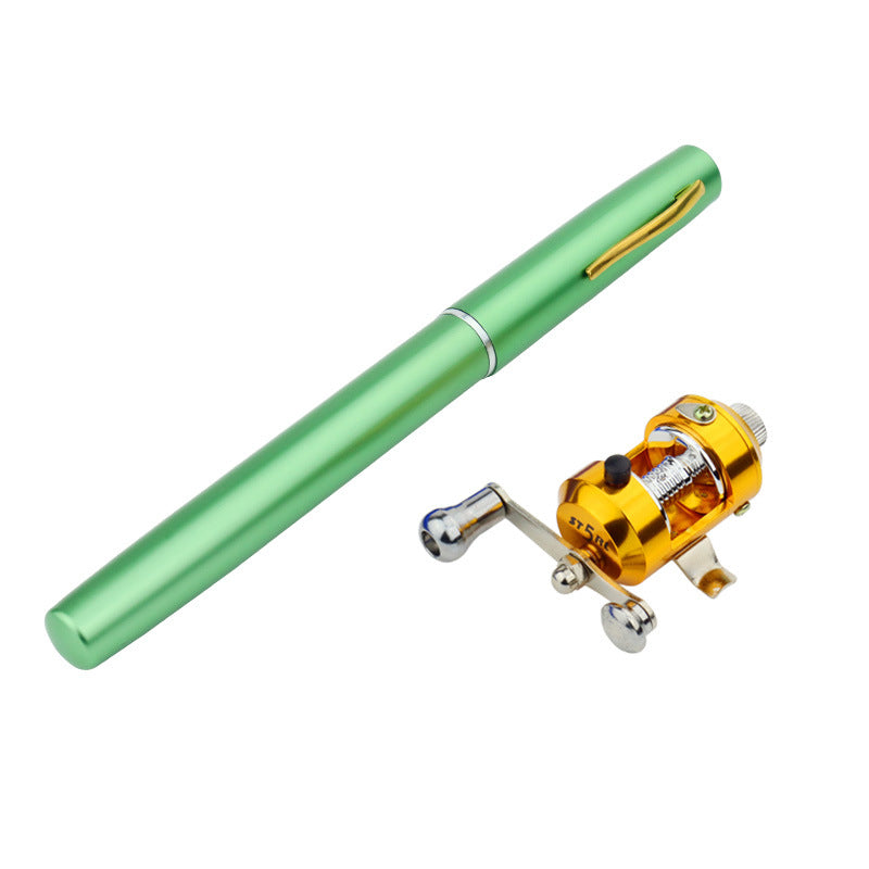 Green pen with a gold and silver fishing reel attachment on a white background