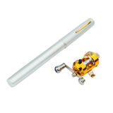 Fishing rod handle with a small yellow reel on a white background