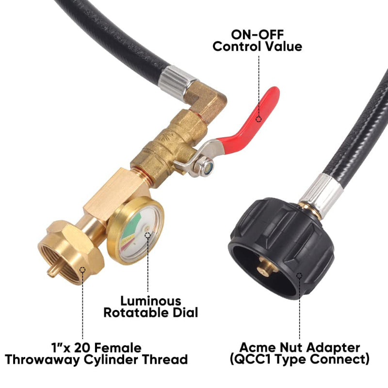 Valve and hose assembly with labeled features on a white background