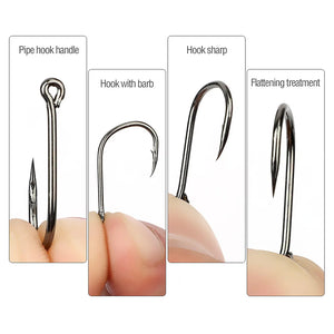 Packaged fishing hooks with size and quantity details on a white background