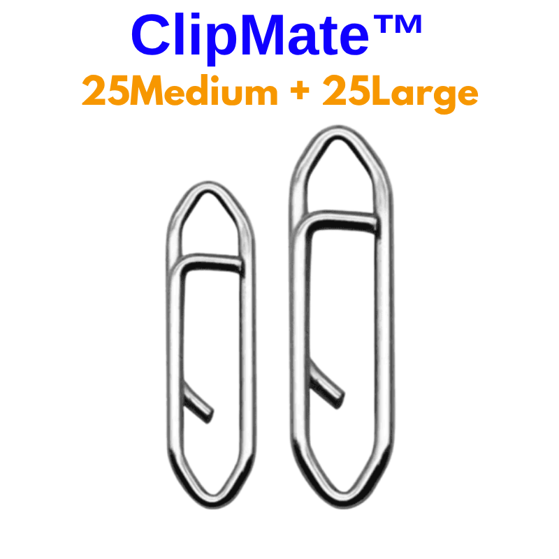 Two metal clips with 'ClipMate' branding and text indicating quantity on a white background.