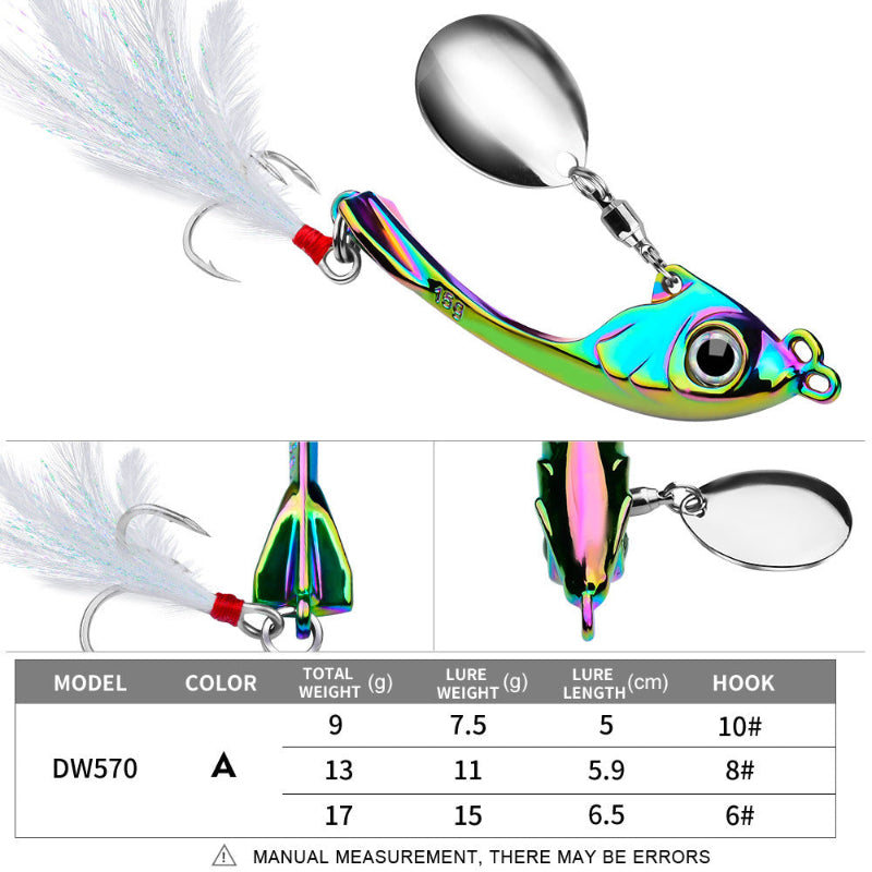 Colorful fishing lure with detailed specifications on a white background