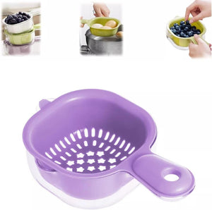 Purple kitchen strainer with images of its use on a white background