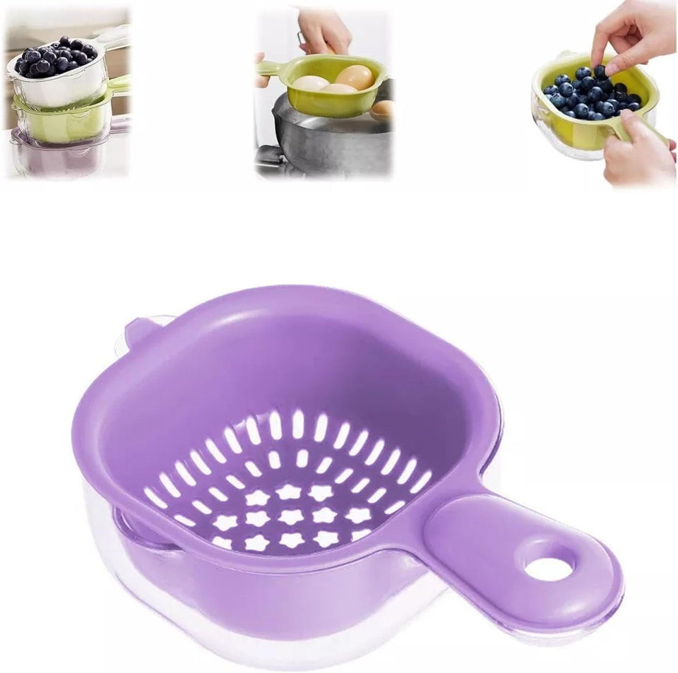 Purple kitchen strainer with images of its use on a white background