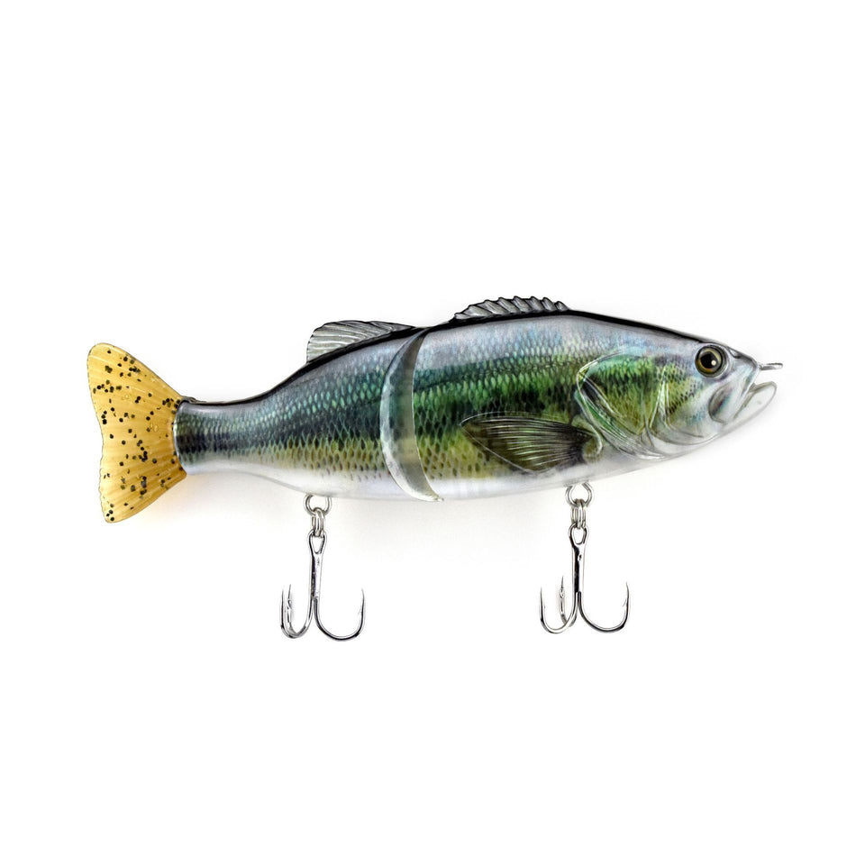 Fishing lure shaped like a fish with two hooks on a white background