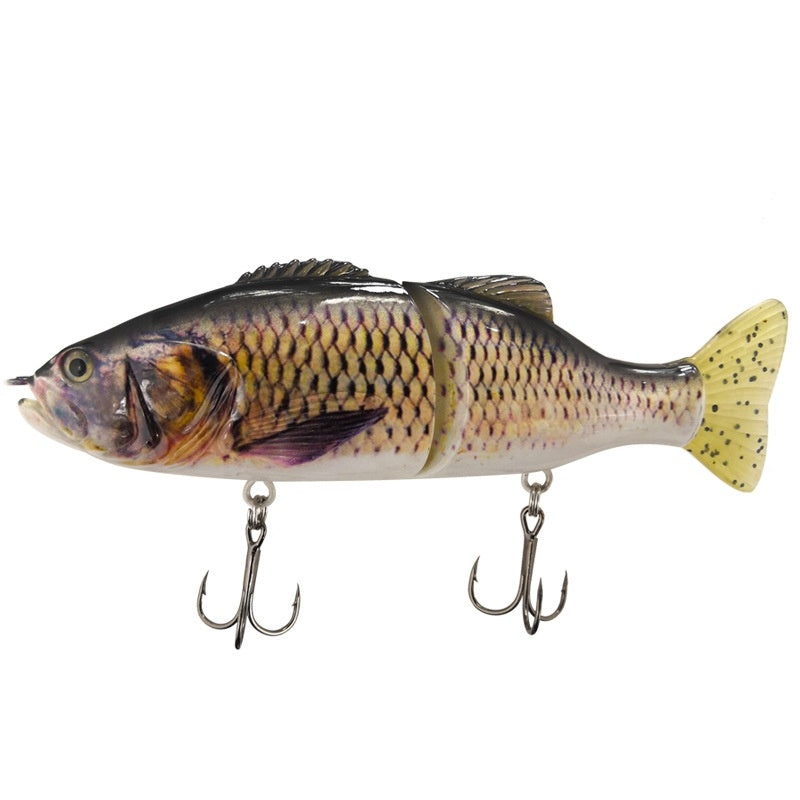 Fishing lure shaped like a fish with treble hooks on a white background