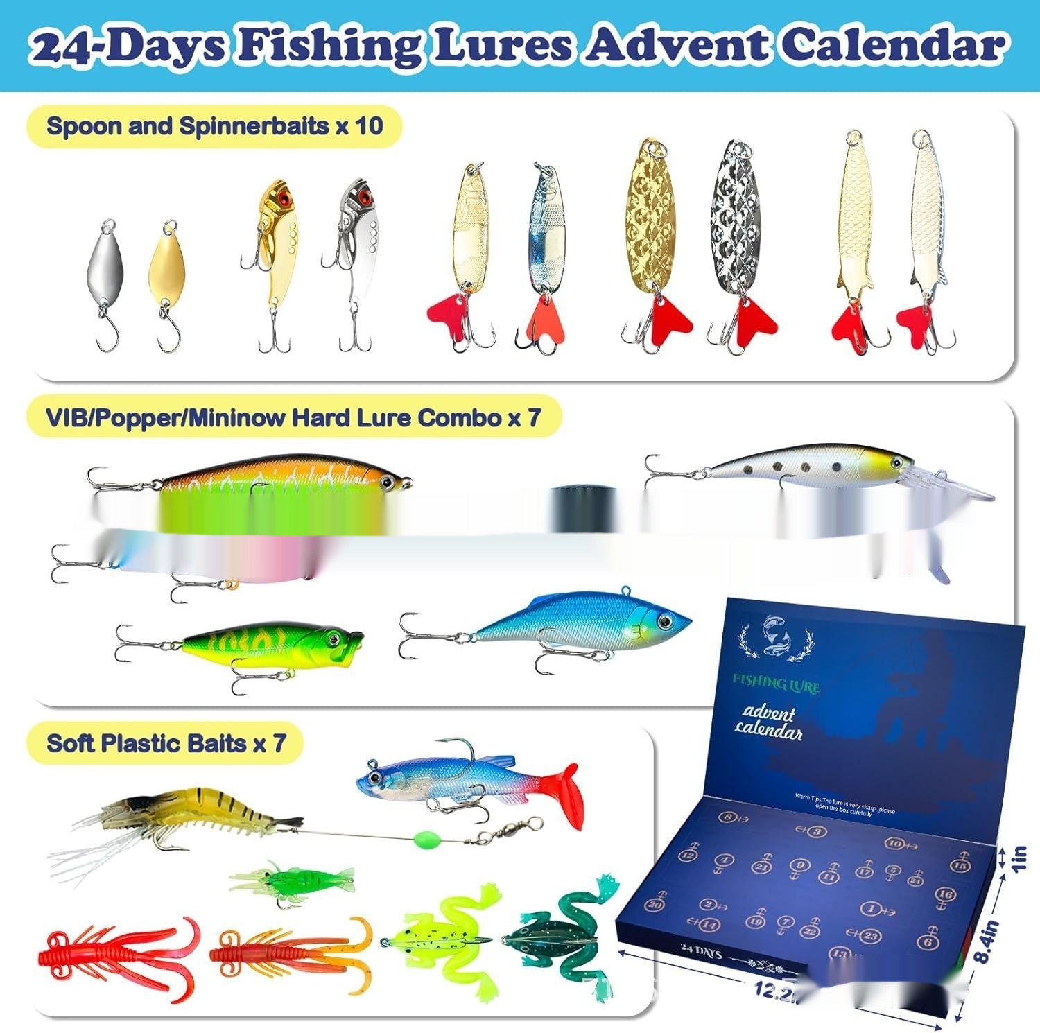 Fishing lures with a 24-Day Fishing Lures Advent Calendar on a white background
