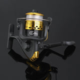 Fishing reel with gold and black design on a reflective black surface
