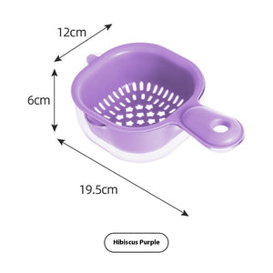 Purple colander with dimensions labeled on a white background