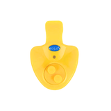 Yellow dog training collar with a visible brand logo on a white background