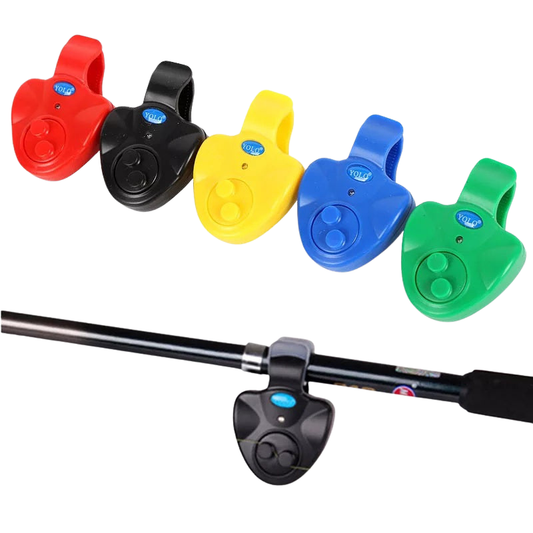 Set of five colorful fishing rod guides on a white background