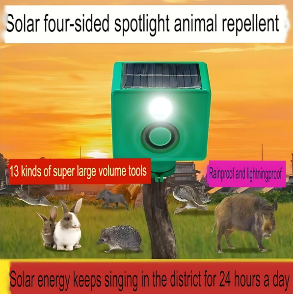 Solar-Powered Animal Repeller with Flashing Light and Ultra-High Sound