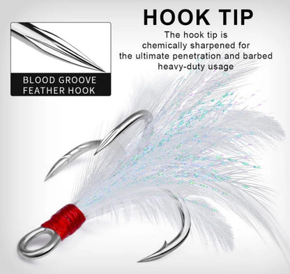 Fishing hook with red treble hook and feather, labeled 'Blood Groove Feather Hook'.