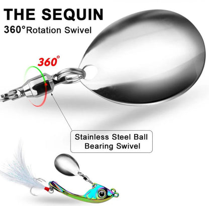 Fishing lure with 360-degree rotation swivel and stainless steel ball bearing swivel on a white background.