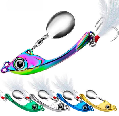 Colorful fishing lure with a spoon and feathers on a white background