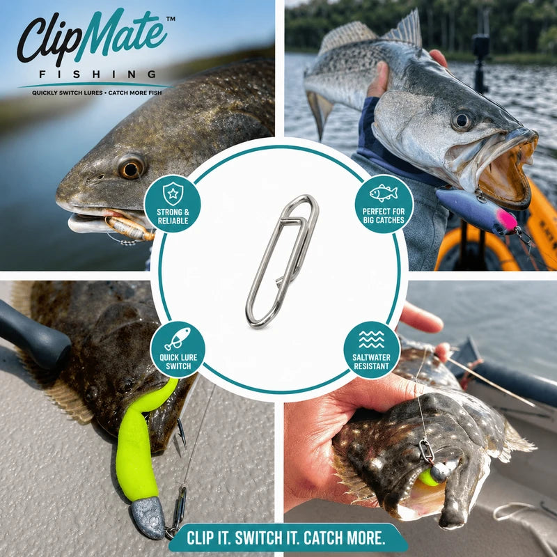 Promotional image of ClipMate Fishing product with fish and fishing gear.