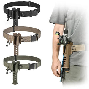 Fishing rod holder belt for outdoor enthusiasts, adjustable and comfortable for extended fishing sessions.