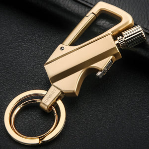 FireMate™ Gold carabiner keychain with a clip on a black background