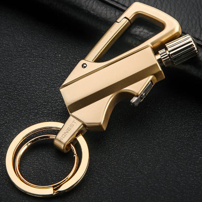 FIREMATE Gold carabiner keychain with a clip on a black background
