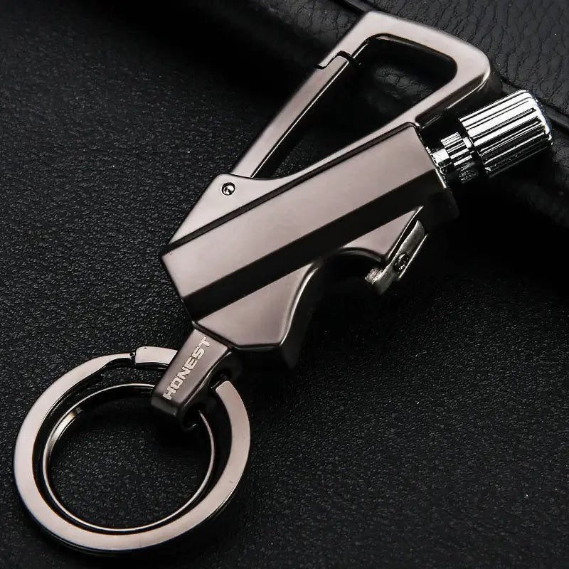 FireMate™ is Metallic keychain with bottle opener on a dark background