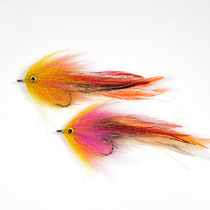 Hand-tied roadrunner fly fishing hooks with vibrant colors
