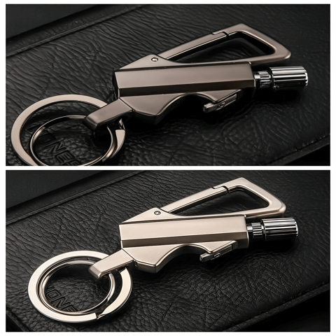 FIREMATE Metal keychain with carabiner and bottle opener on a dark textured surface