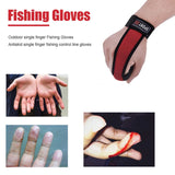 Fishing gloves with red and black design, shown on a hand, with text describing their use for outdoor activities.
